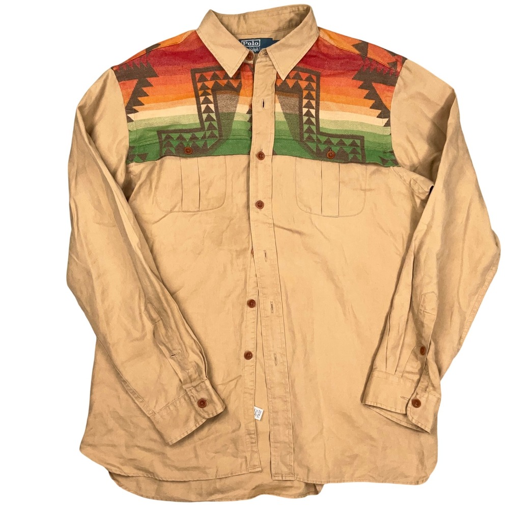 Polo Ralph Lauren Shirt Mens L Tan Multi Southwestern Aztec Yoke Linen Cowboy